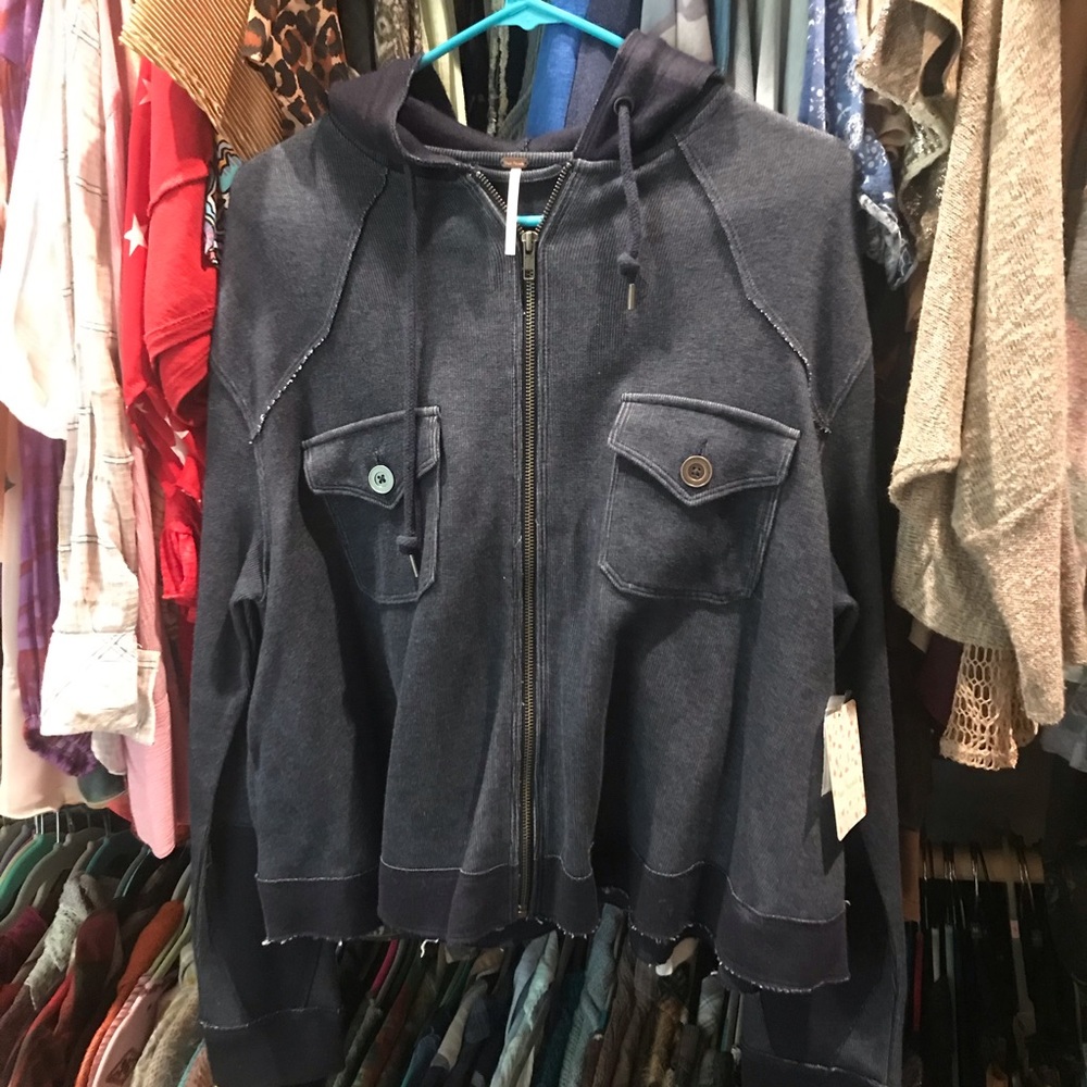 Free People: NWT navy zip up hooded jacket